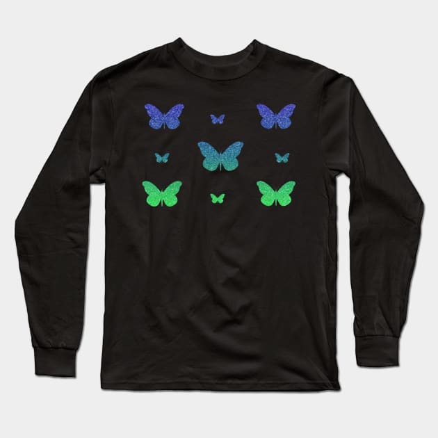 Bright Blue Green Faux Glitter Butterflies Long Sleeve T-Shirt by Felicity-K